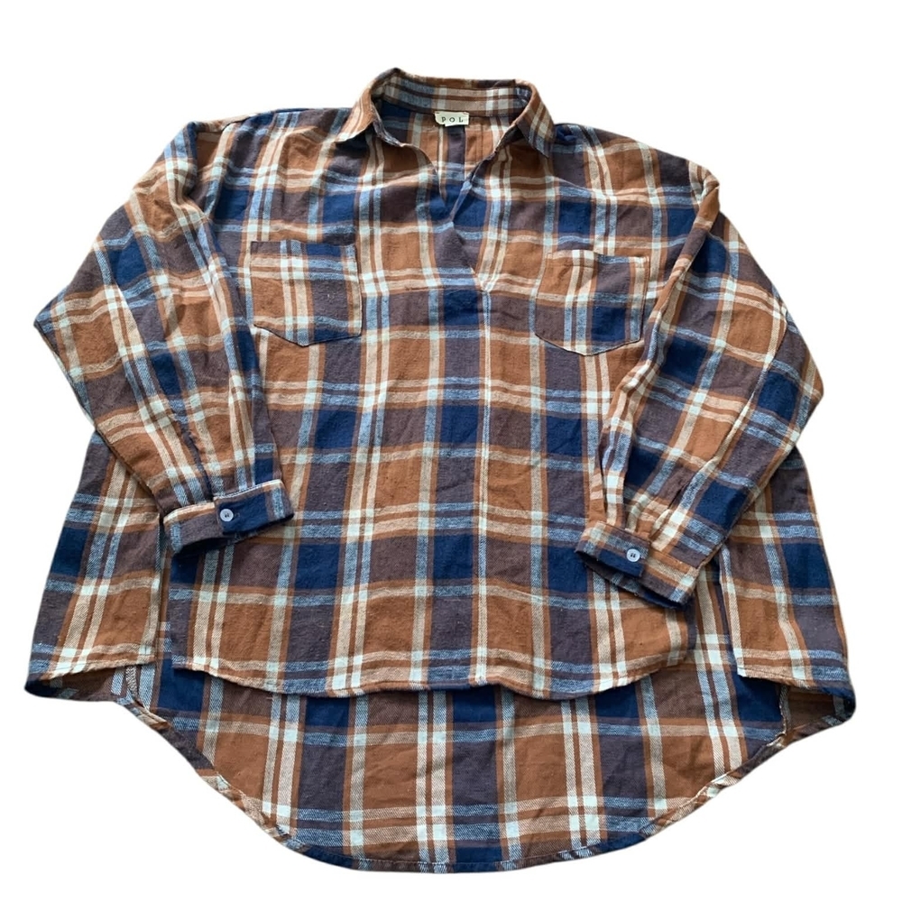 POL Oversized Flannel S Tunic Shacket Boho Plaid